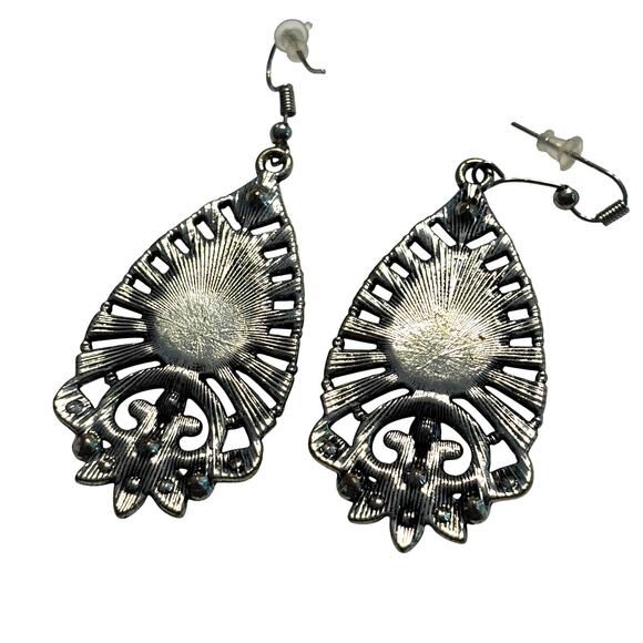 Pierced earrings ornate Silvertone teardrops green moonstone centers drop dangle - Picture 4 of 6